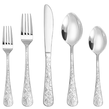 Vintage Carved Silver Stainless Steel 20-Piece Flatware Set