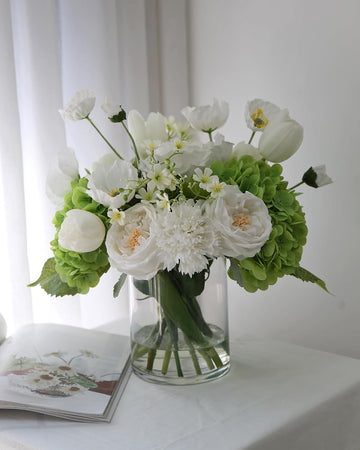 Artificial Flower Arrangement in Glass Vase with Realistic Fixed Water - Lifelike Roses, Hydrangeas, Tulips &