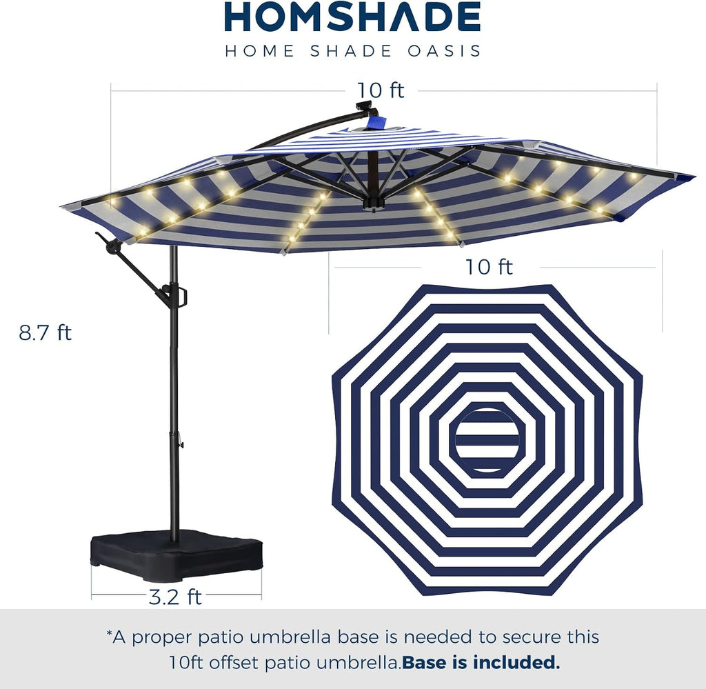 10ft Solar LED Cantilever Patio Umbrella with Base Included, Premium 220GSM Solution-Dyed Fabric