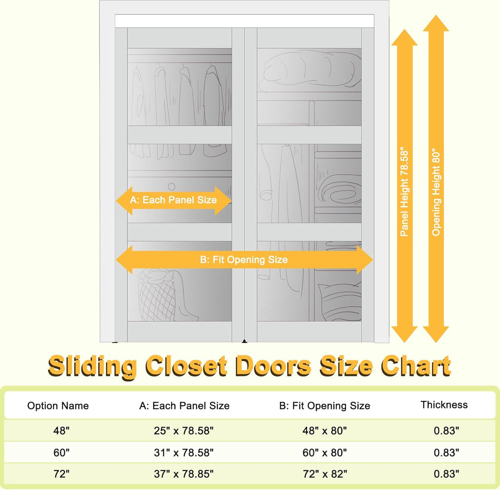 Bypass Glass Sliding Closet Door 48x80, Double Closet Panels with Hardware & Fascia, 3 Lite Frosted 