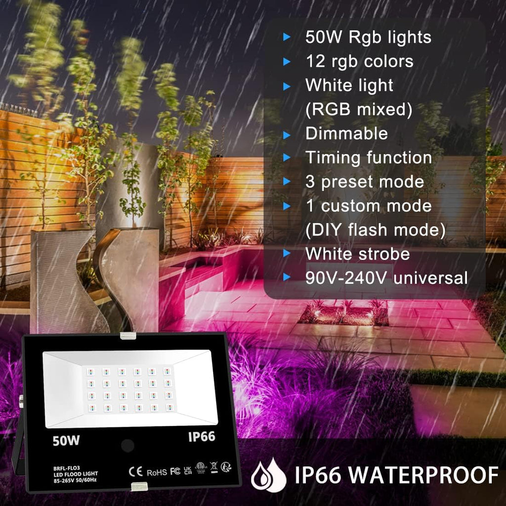 Led Flood Light Outdoor, 50W RGB Color Changing Landscape Lighting | Remote Control, Timing - 12 Colors - 4 Modes