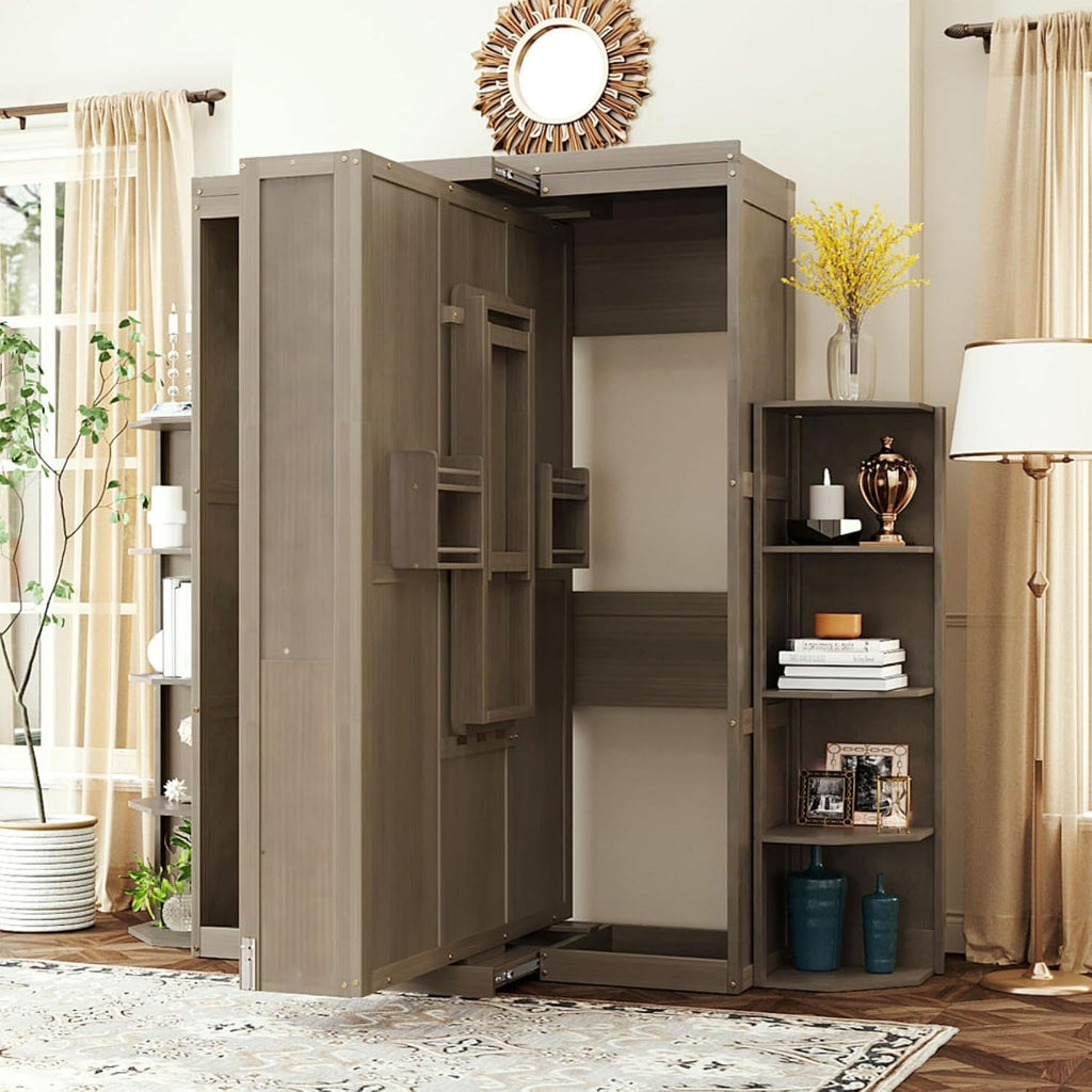 360° Swivel Queen Horizontal Murphy Bed with Desk Combo and Storage Bookshelf, Foldable Murphy Chest Hidden Wall Bed