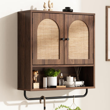 Rattan Bathroom Wall Cabinet, Boho Medicine Cabinet with 2 Doors