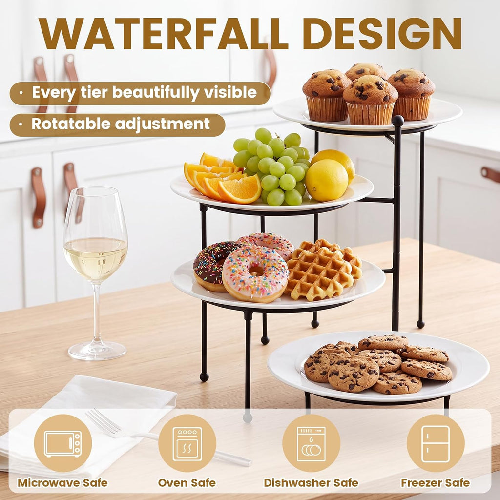4 Tiered Serving Stand with 4 White Porcelain Plates 10 Inch Round Trays Black Metal Dessert Stand Rotating Serving