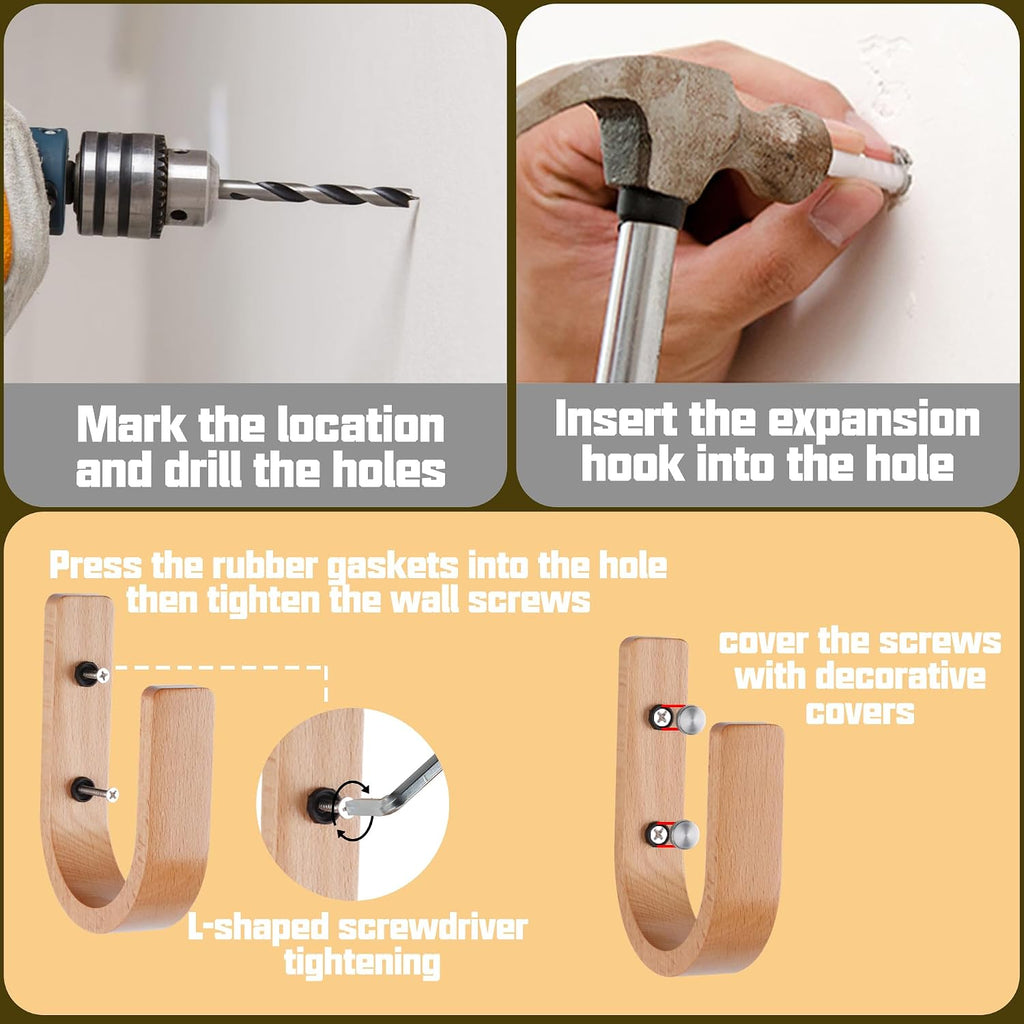 2 Set Curtain Tiebacks & Holdbacks - Natural Wood Wall-Mounted U-Shaped Hooks with Stainless Steel Screws, Durable