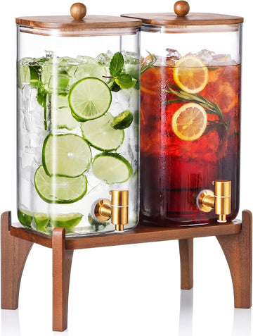 1.5 Gallon Square Glass Drink Dispenser with Wooden Stand & Lid, Large Beverage Dispenser with Stainless Steel - Set of 2