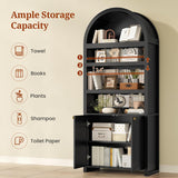 81" Tall Arched Cabinets,Bookcase with storage,Mid-Century Modern 6-Tier Bookshelf with Door,2 Book Risers and