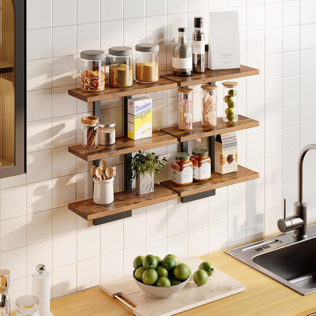 Floating Shelves, Set of 2 Wall Shelves, 3-Tier Wall Mounted Storage Shelves, Hanging Bathroom Shelves, Rustic Brown