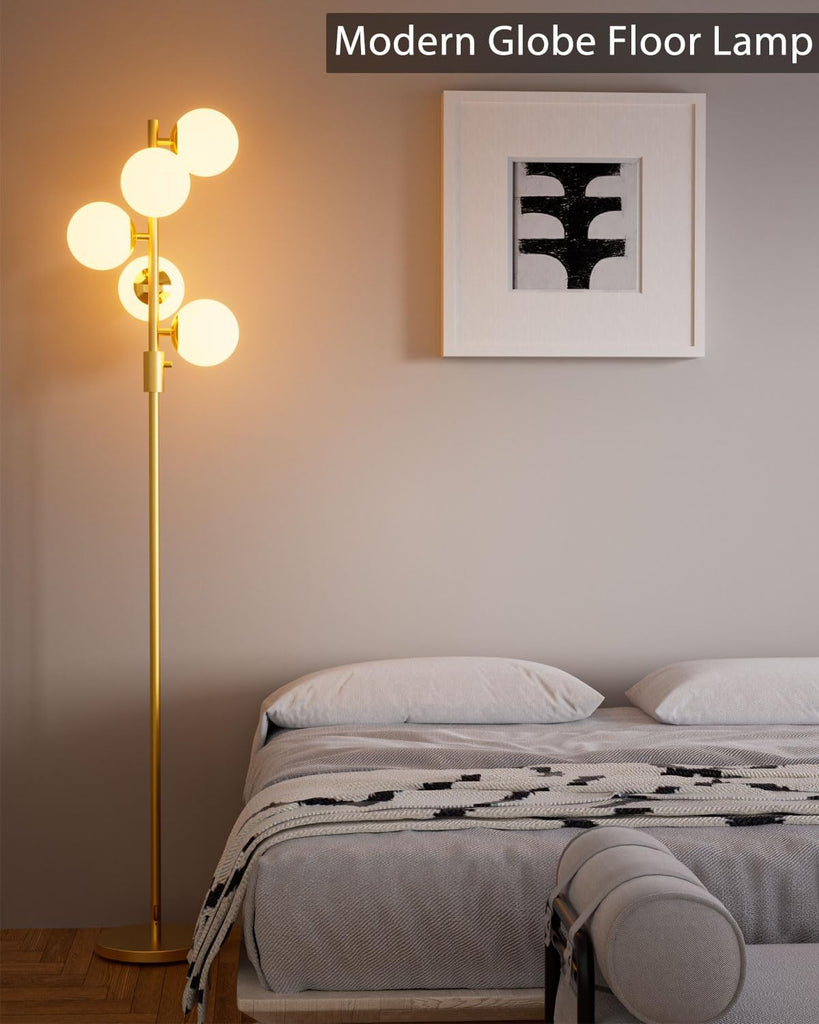 Dimmable Globe Floor Lamp Mid Century Modern Floor Lamp with 5Pcs 3000K Bulbs Included Brightness Adjustable Gold