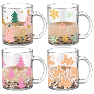 4 Pcs Christmas Coffee Mugs 12 oz Christmas Glass Cups with Handle
