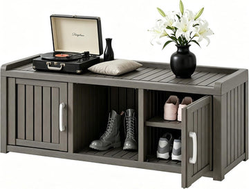 2-Tier Storage Bench, Waterproof UV-Resistant Outdoor Shoe Storage Cabinet with 2 Doors & Adjustable Shelves for
