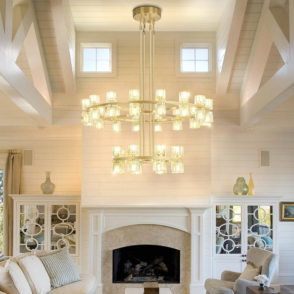 Inspired Arcachon Style 2-Tier Round Wagon Wheel Chandelier, 16" + 32" 48-Light Gold — Foyer, Great Room & Dining