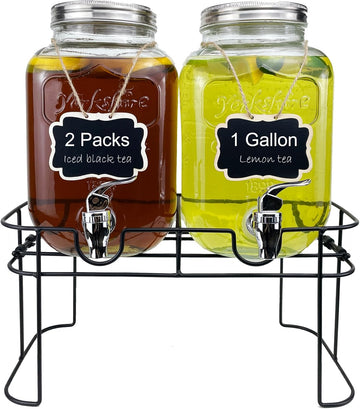 1 Gallon Glass Drink Dispenser for Parties, 2 Packs Juice Lemonade Ice Tea Water Dispenser with Stand, Beverage