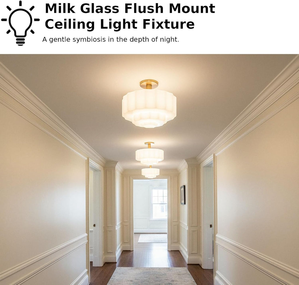 Milk Glass Ceiling Light Fixture - 13.7'' Antique Gold Semi-Flush Mount Ceiling Light for Bedroom, Foyer, Living Room