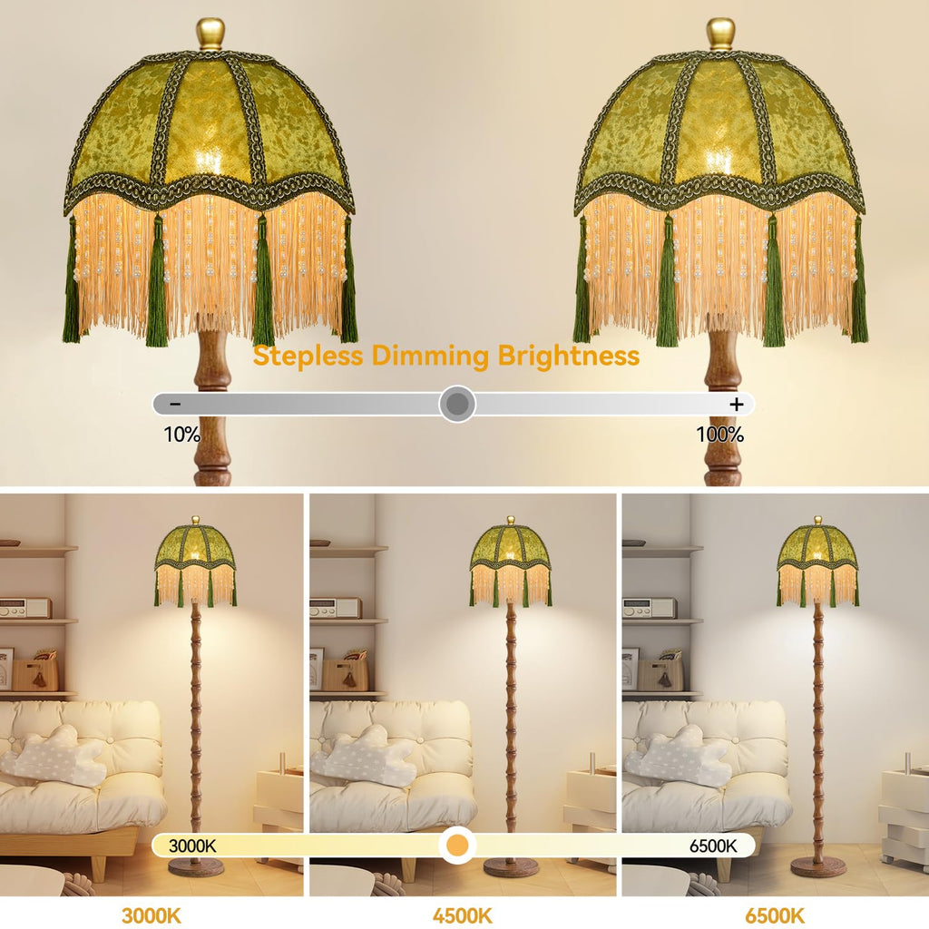 Wood Floor Lamps Boho Rustic Floor Lamp with Remote Control,Dimmable Vintage Floor Lamp Green Mid Century Modern