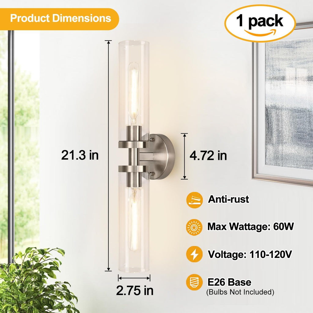 Brushed Nickel Wall Sconces, Hardwired Bathroom Sconces Vanity Light with Clear Glass, Modern Bathroom Vanity Lights
