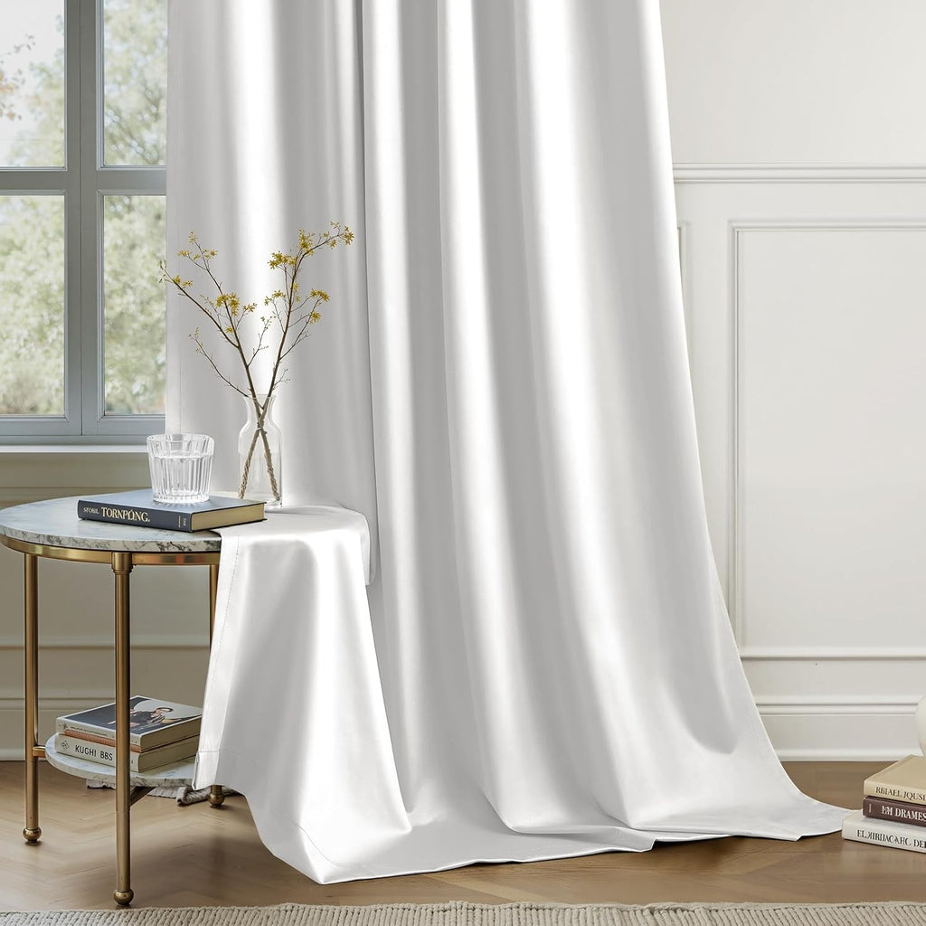 100% Blackout Faux Silk Curtains,Greyish White Noise Reduction Thermal Insulated Room Darkening Window Drapes, Luxury (2 Panels)
