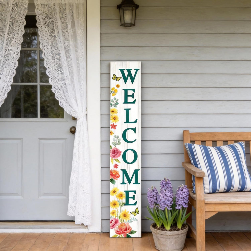 Welcome Sign for Front Door, Spring Flower 47"X8" White
