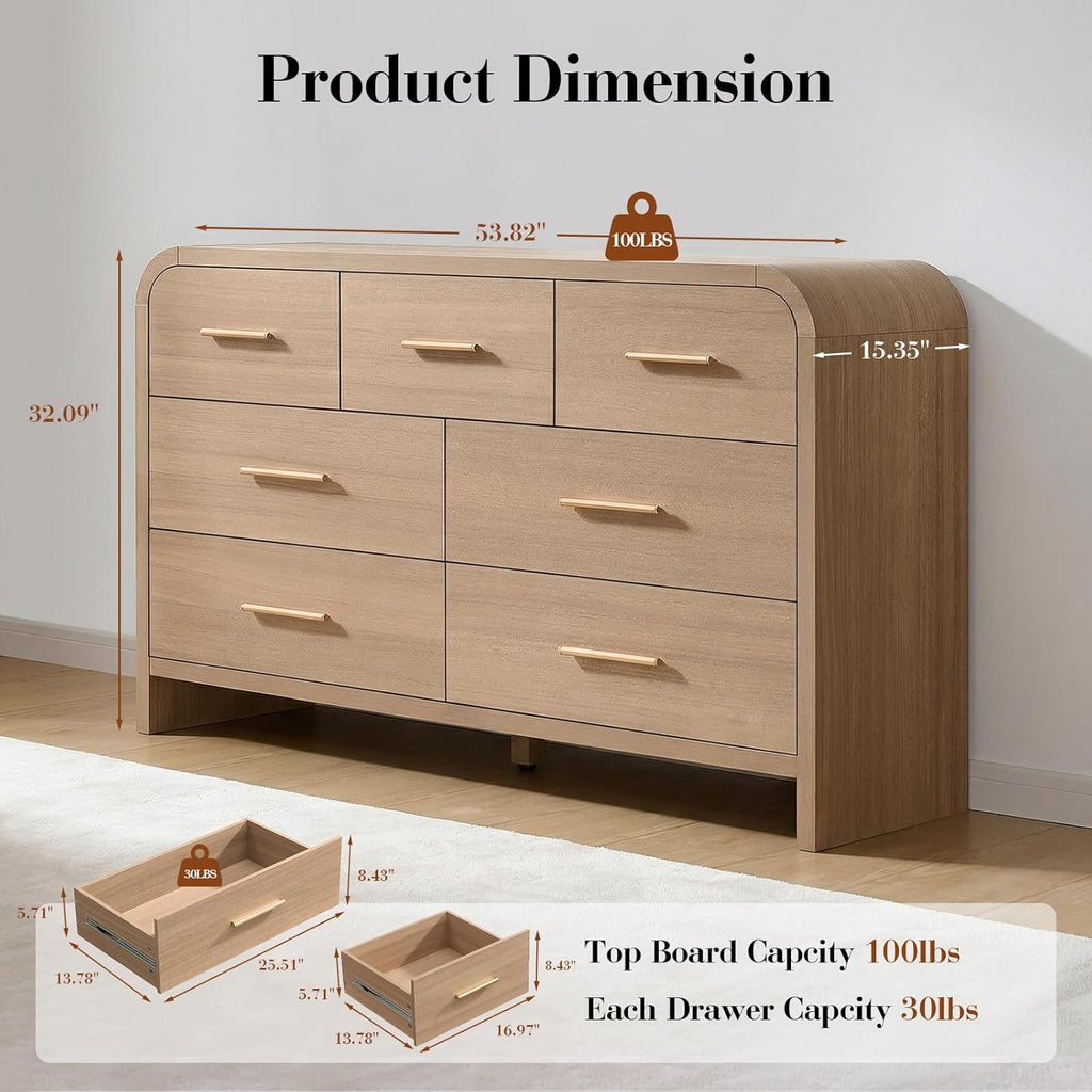 Curved 7 Drawer Dresser , 53.82'' Wide Chest of Drawers, Modern Storage Cabinet TV Stand, FSC Certified 1.18" Thick