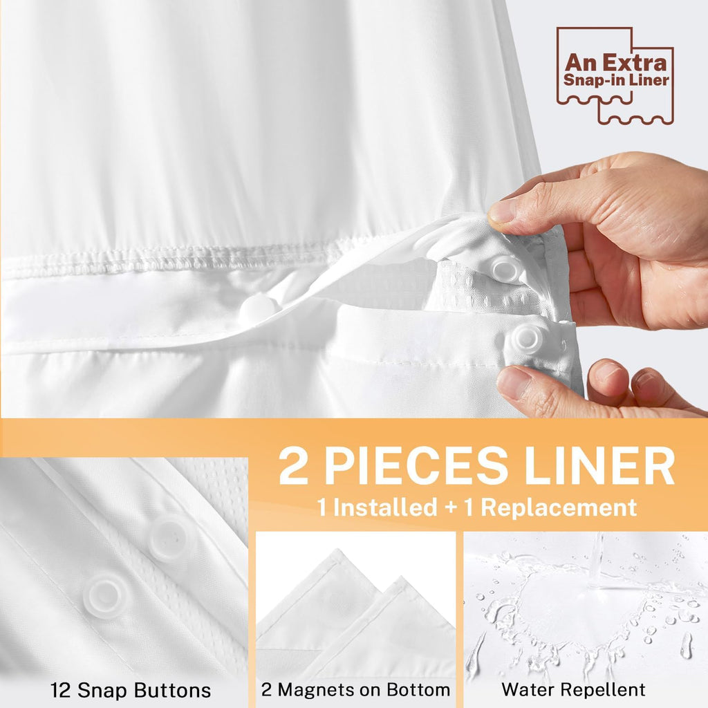 No Hooks Shower Curtain with 2 Snap in Liner, White, 71Wx74H | Waffle Weave, 1 Attached Snap in Liner and 1 Extra