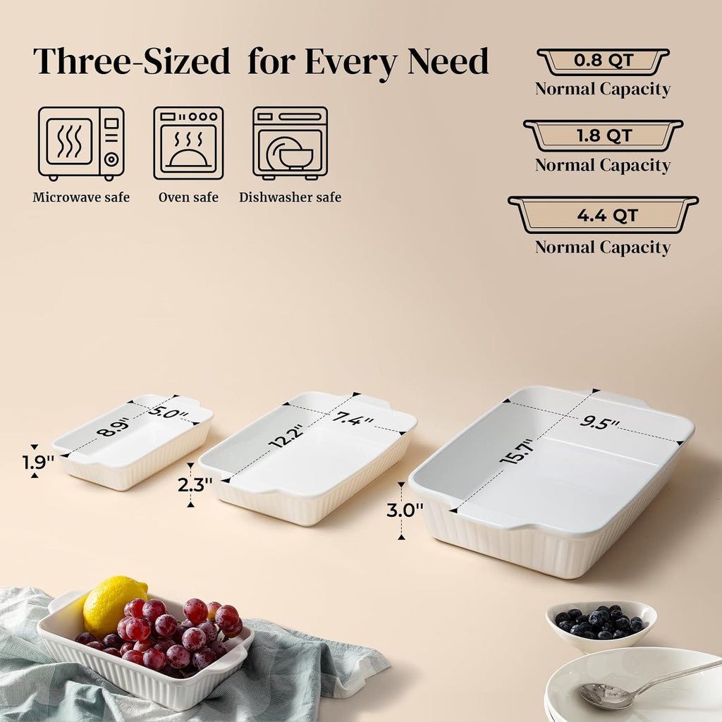 Casserole Dishes for Oven, Dishes Set, Ceramic Bakeware Sets of 3, Lasagna Pan Deep, Rectangular Pan Set with Handles