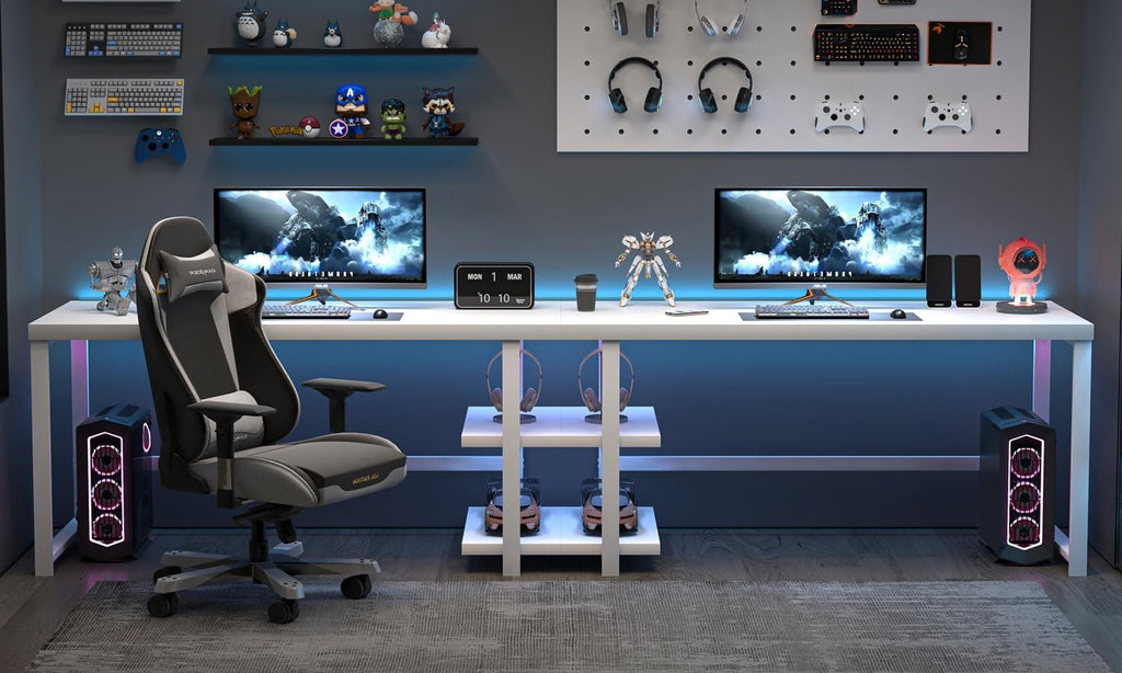White Computer Desk, Modern Home Office Desk with Storage Shelf, Wood and Metal Writing Study Table Bedroom, 53 Inch