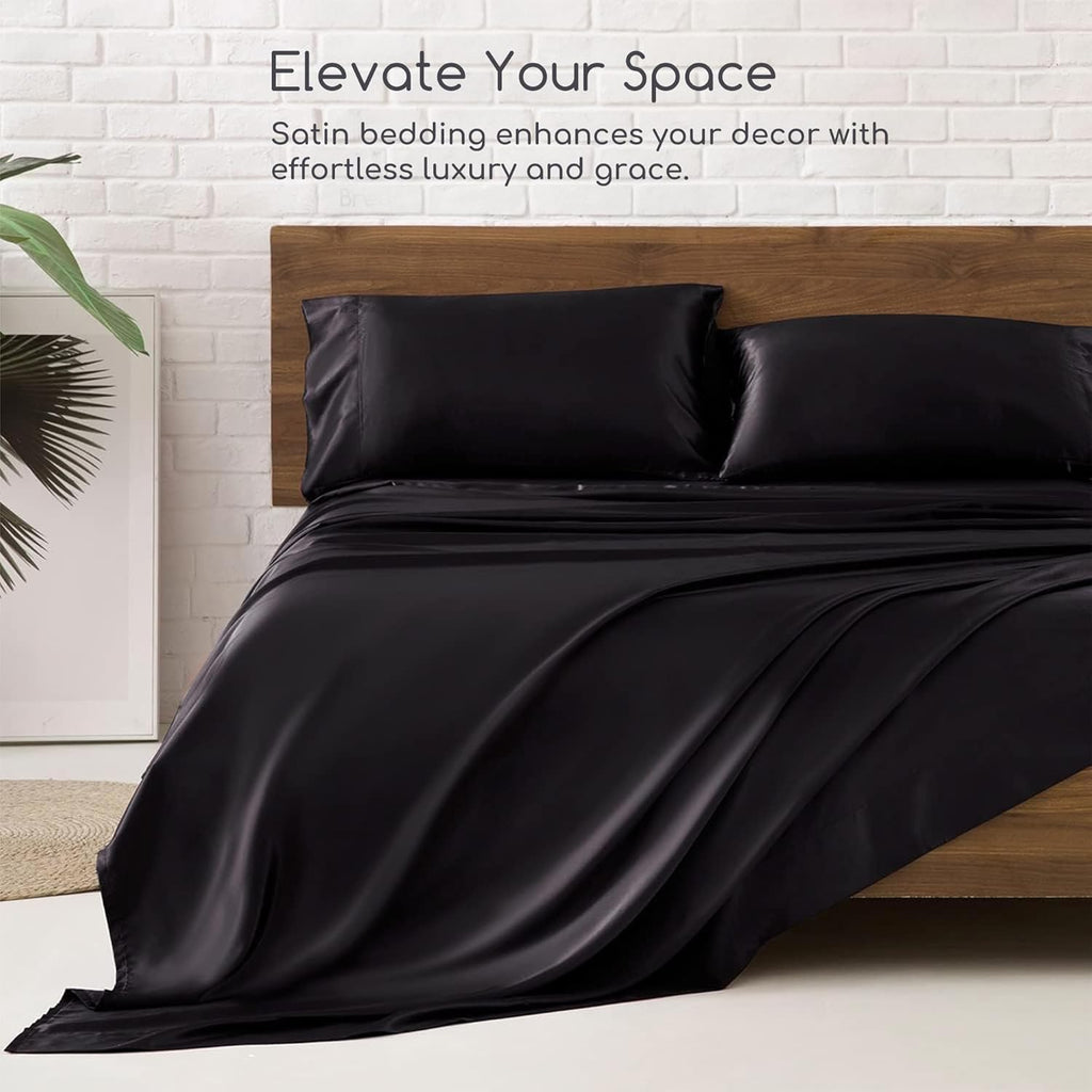 Satin Bed Sheets, Sheets Set, 4 Pcs Silky Bedding Set with Elastic Corner Straps and 15 Inches Deep Pocket
