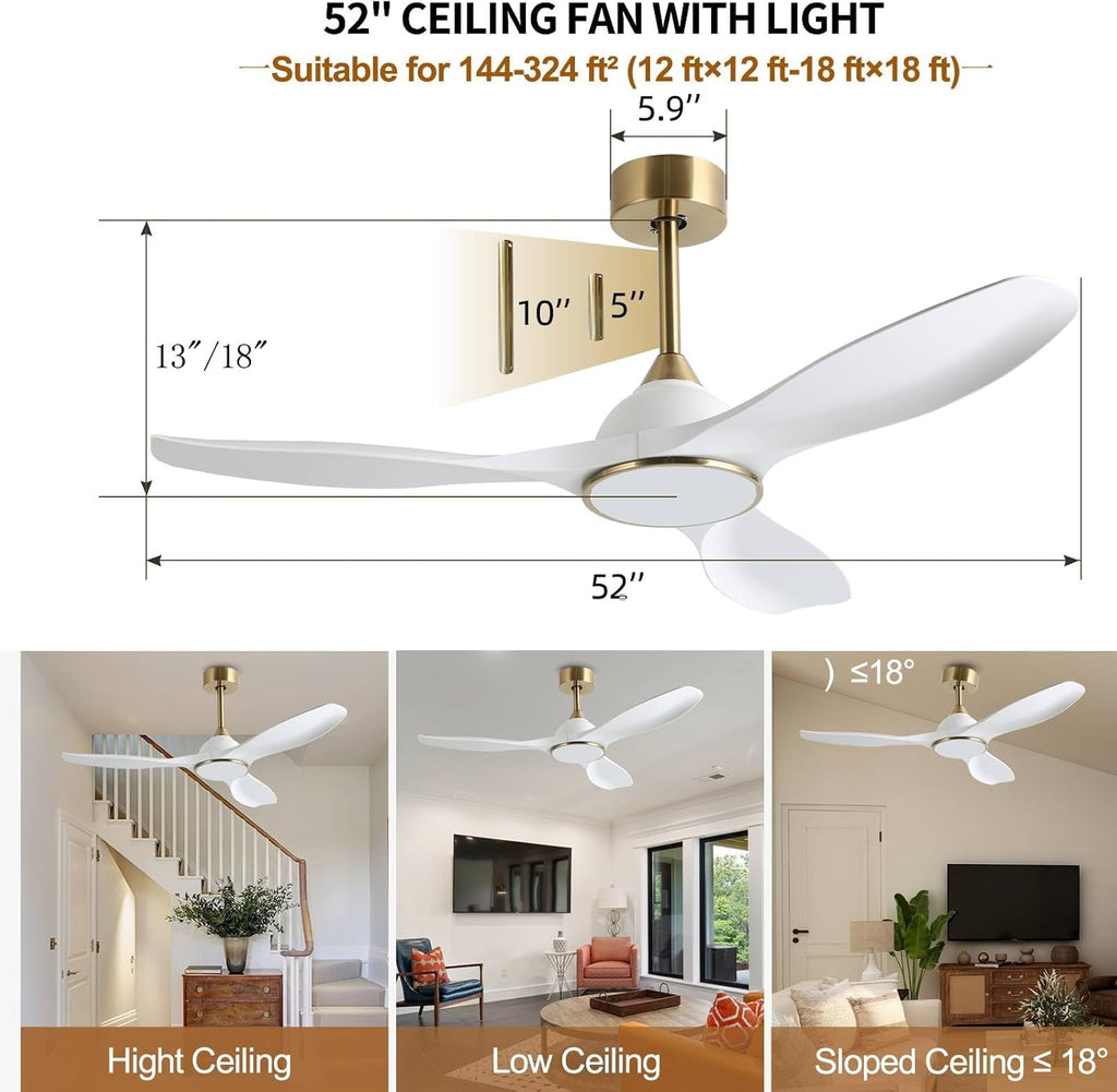 52 Inch 6 Speed High CFM Quiet DC Motor Modern Ceiling Fan with Lights Remote Control