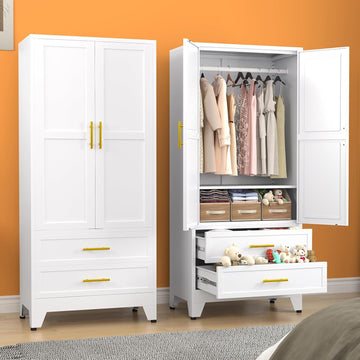 Metal Armoire Wardrobe Closet, 71 "Metal Clothing Storage Cabinet | with Adjustable Shelves and Hanging Rod