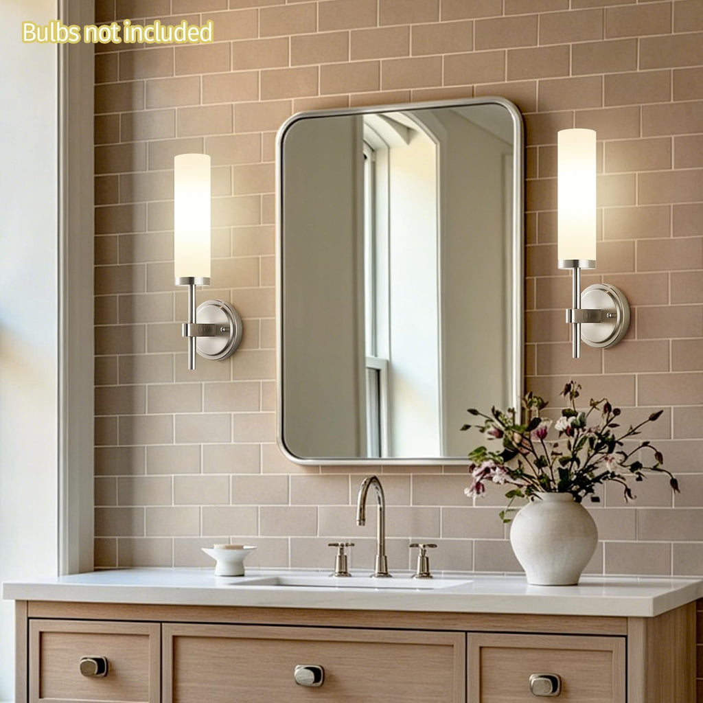 [Hardwired] Wall Sconces Set of Two, Brushed Nickel Bathroom Sconces with Milky White Glass, Modern Wall Light