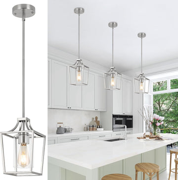 Brushed Nickel Lantern Pendant Light Fixture Pendant Lights for Kitchen Island with Clear Glass Shade, Adjustable