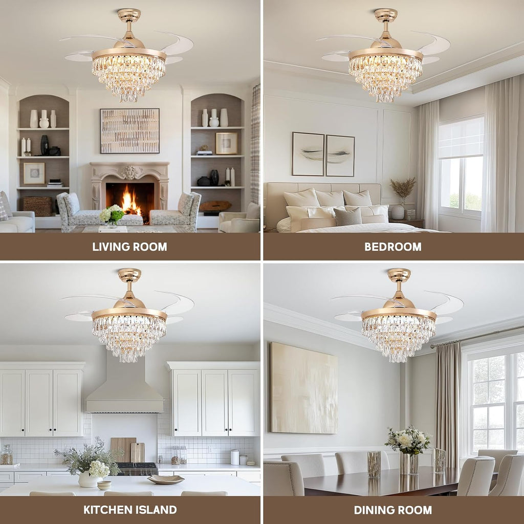 48" Crystal Ceiling Fans with Lights and Remote, Dimmable, 6 Speeds, Luxury Chandelier Fan Rose Gold Crystal Fandelier