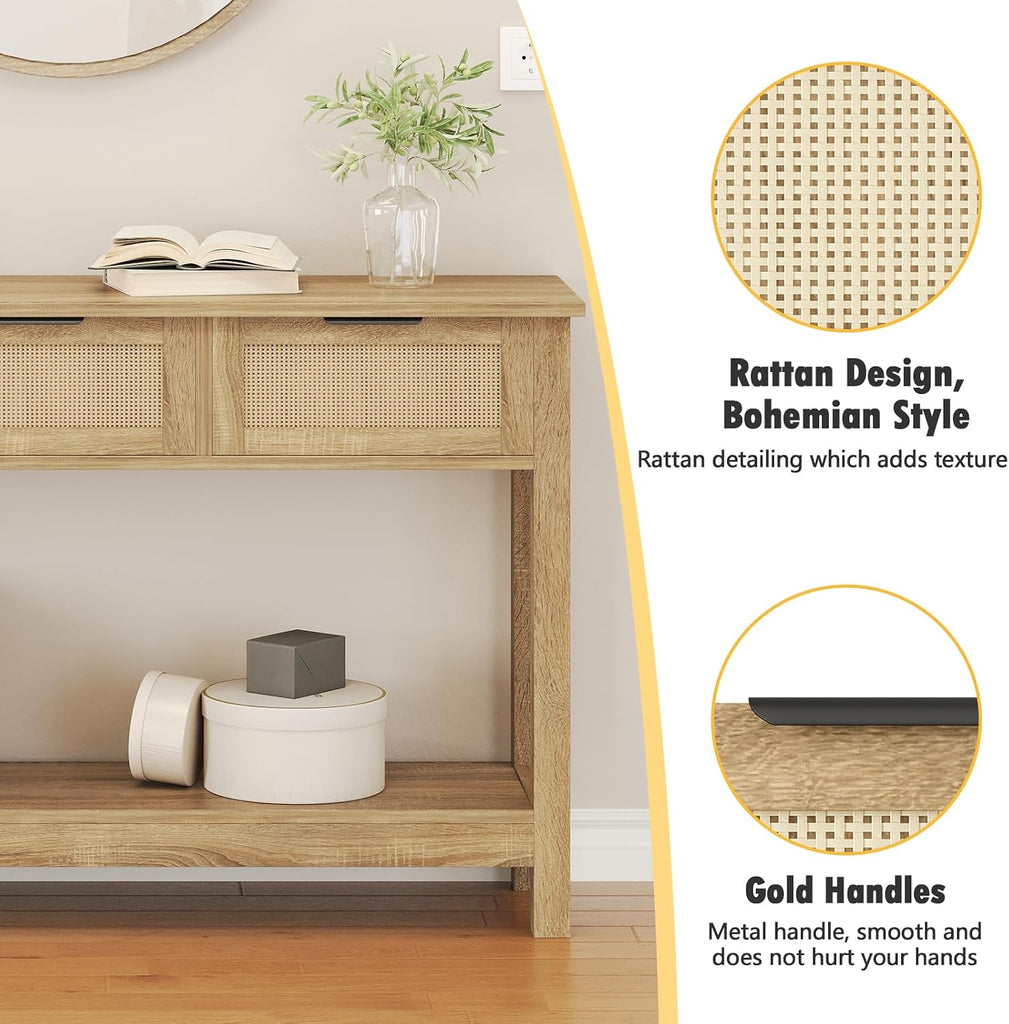 Rattan Console Table 3-Drawer 47" Narrow Wood Entryway Sofa Table | Trendy Boho Hallway Foyer Storage, Open Shelf