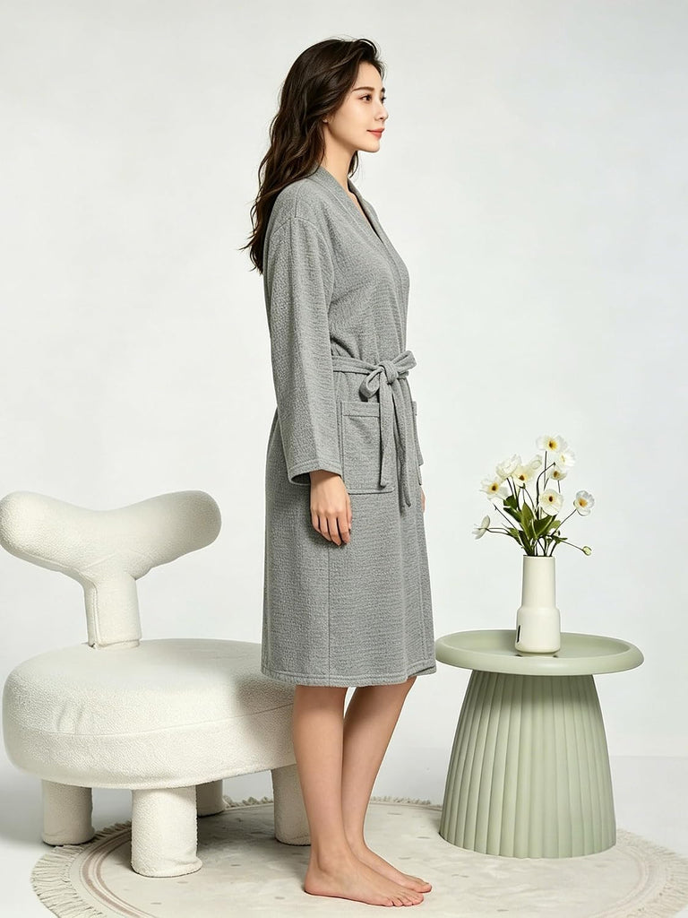 Waffle Robes for Women Knit Cotton Soft Spa Bathrobe | Lightweight Loungewear, Knee Length with Pockets, V Neck