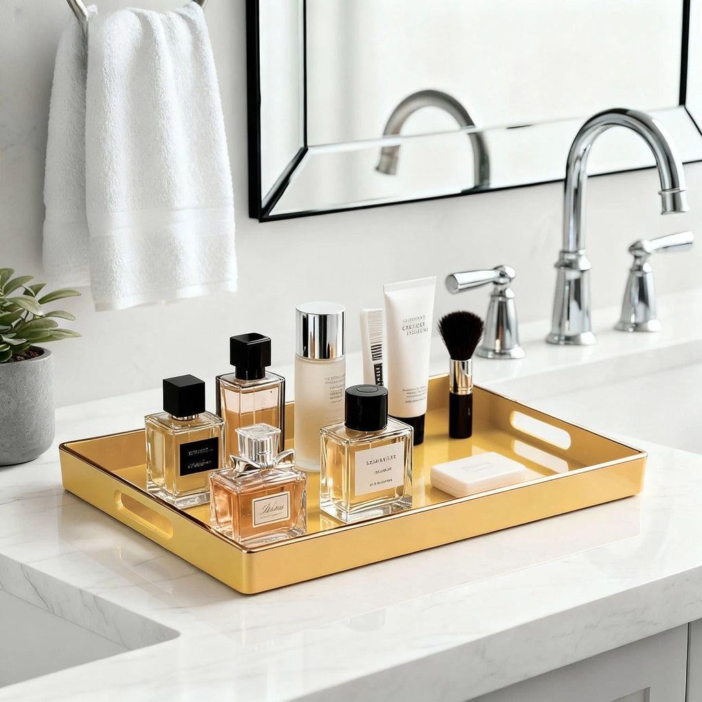 Decorative Tray, Rectangular Plastic Tray with Handles, Modern Vanity Tray and Serving Tray , Ottoman and Coffee