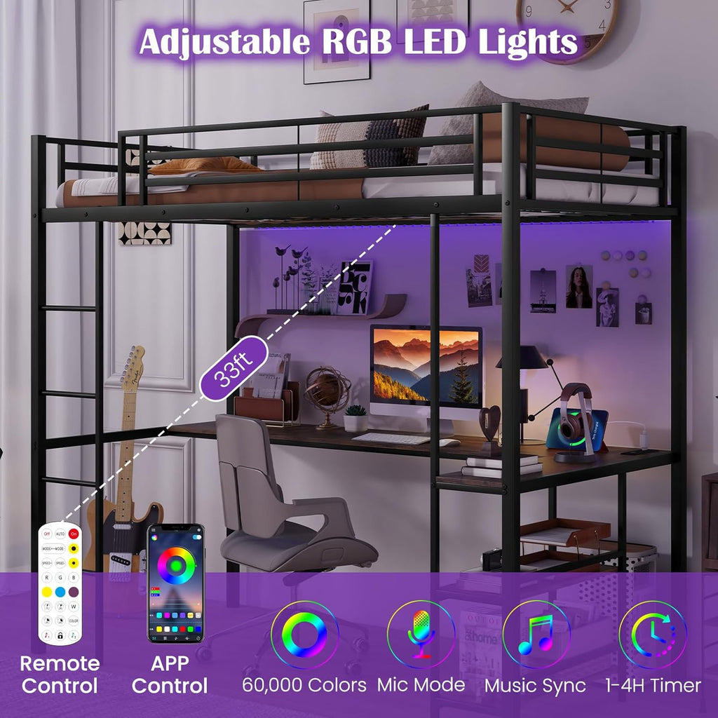 Twin Loft Bed with L-Shaped Desk & Storage Shelves, Metal Loft Bed with Power Outlet & LED Lights, Anti-Tipping Kits