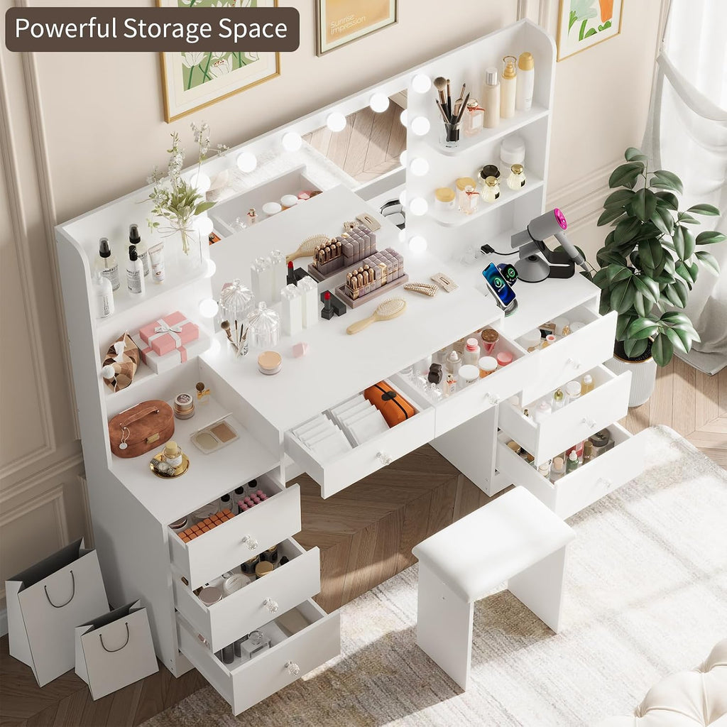 Large Vanity Desk with Lighted Mirror Dressing Table | Makeup Vanity with Power Strip, Soft Stool, 8 Drawers, 6 Open
