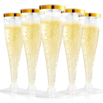 100 Pack 4.5 oz Gold Rim Champagne Flutes, Plastic Glasses