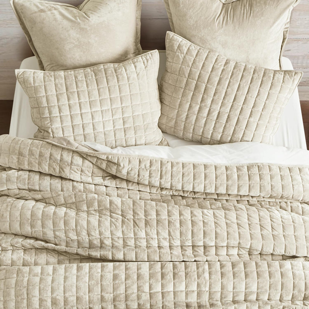 Channel Box Stitch Velvet Quilt Set, Full Queen, Beige