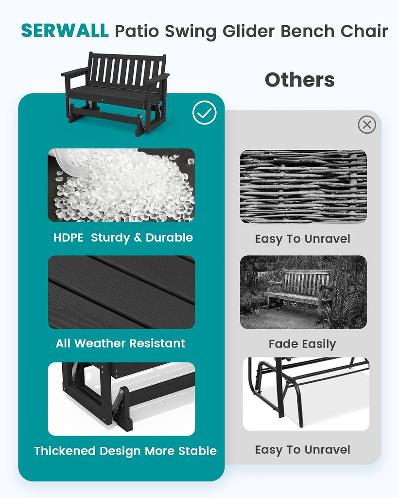 2 Person Patio Glider Bench, HDPE All Weather Swinging Bench, Black