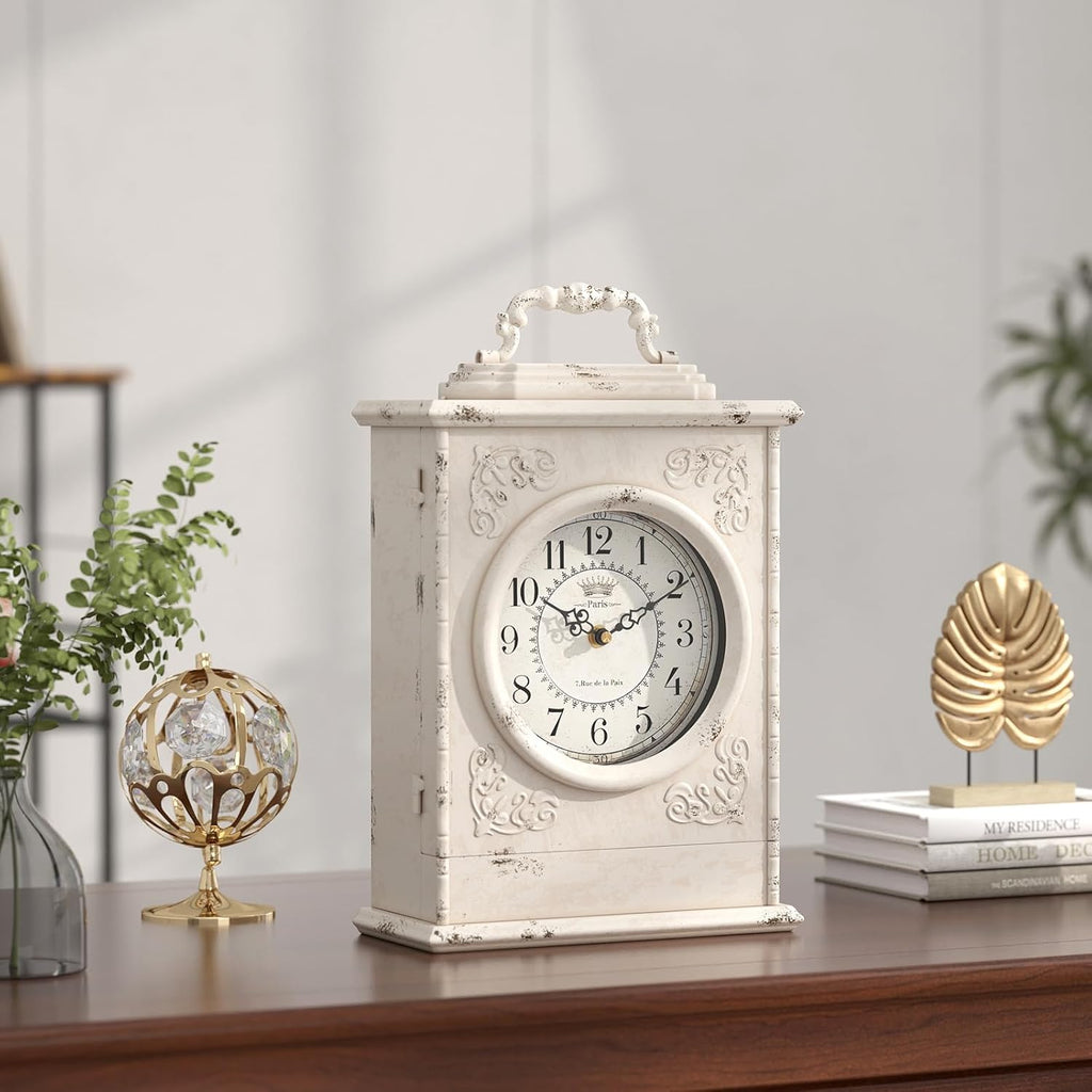 Vintage Mantel Clock with Hidden Safe, Antique White Style Fireplace Clocks