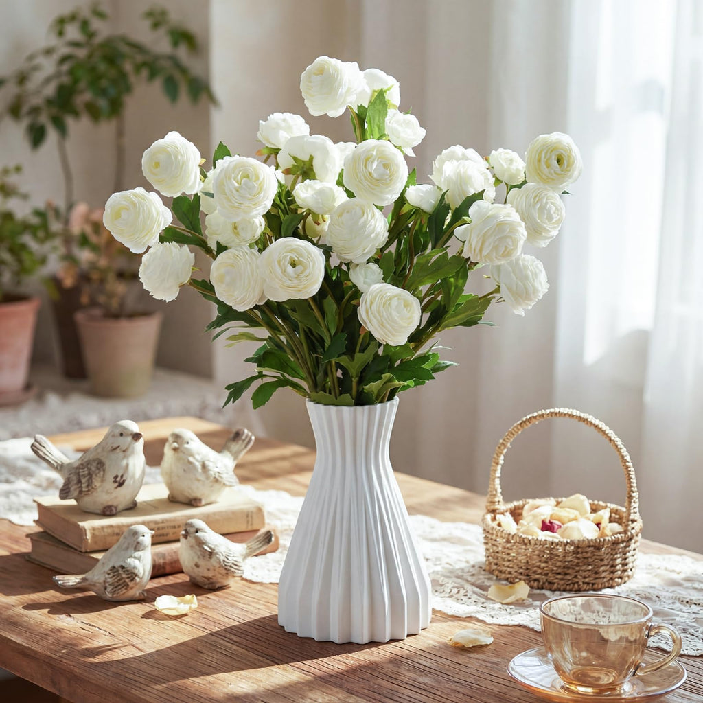 12 Pcs White Artificial Ranunculus Flowers with Stem, 18 Heads