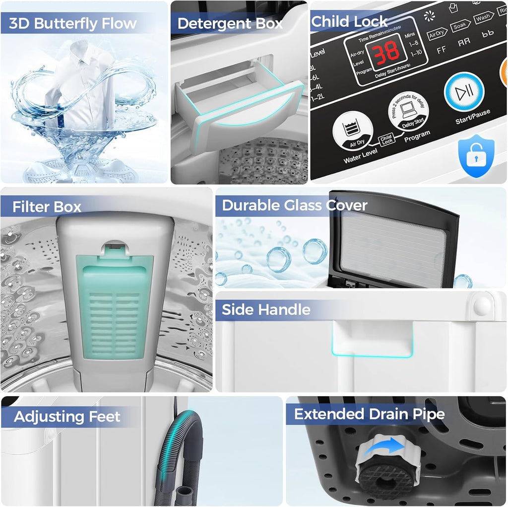 Portable Washing Machine, 20Lbs Capacity Full-Automatic Portable Washer, 2.8Cu.ft Washer and Dryer Combo with 10