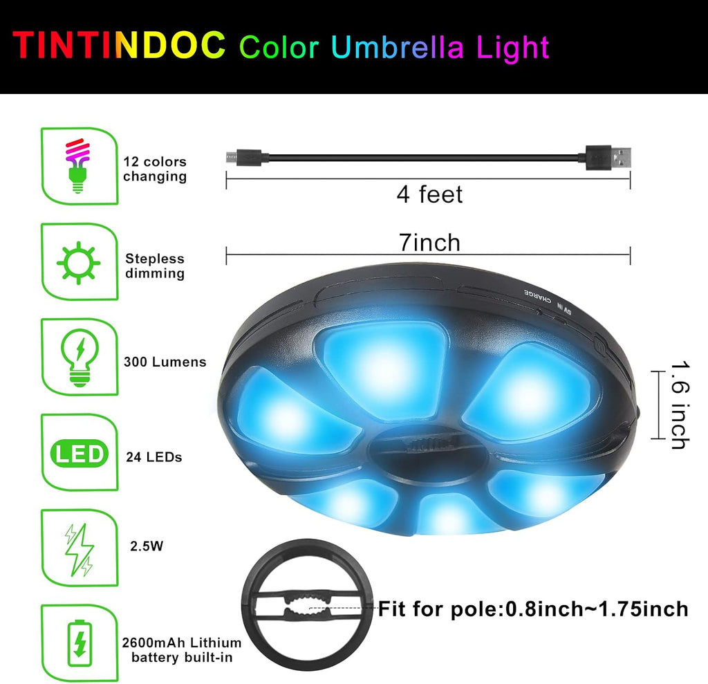 Color Umbrella Light with Remote, Outdoor/Patio Umbrella Light, Rechargeable/AA Battery, Umbrella Pole Light, 300Lumen