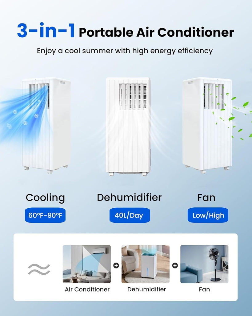 8000 BTU Portable Air Conditioner - 3 in-1 Cooling, Dehumidifier & Fan with Quiet Operation, Sleep Mode