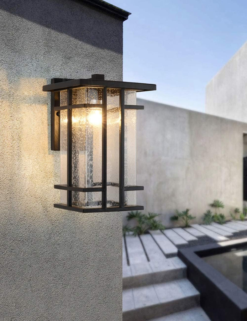Rustic Dusk to Dawn Outdoor Wall Light Fixture 13.8"H Waterproof Exterior Wall Sconces Black Metal with Seeded Glass