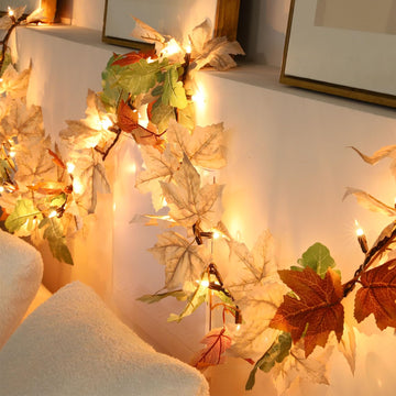 Fall Decorations Lighted Fall Garland, 9FT 50 Count Incandescent Lights Brown Wire UL Certified Connectable Maple
