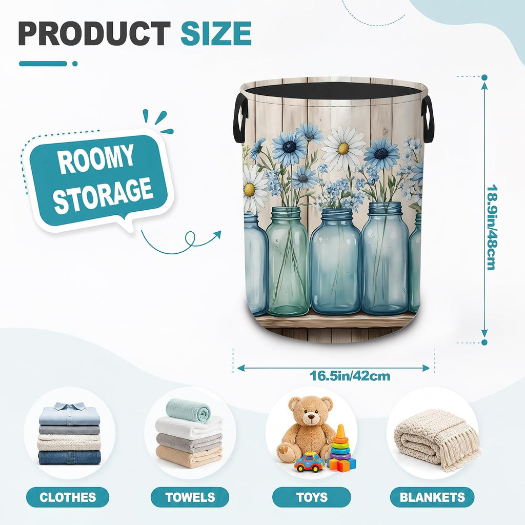 Laundry Basket,Blue Mason Jars Foldable Clothes Hamper with Handles,Daisy Flowers Waterproof Oxford Cloth Storage