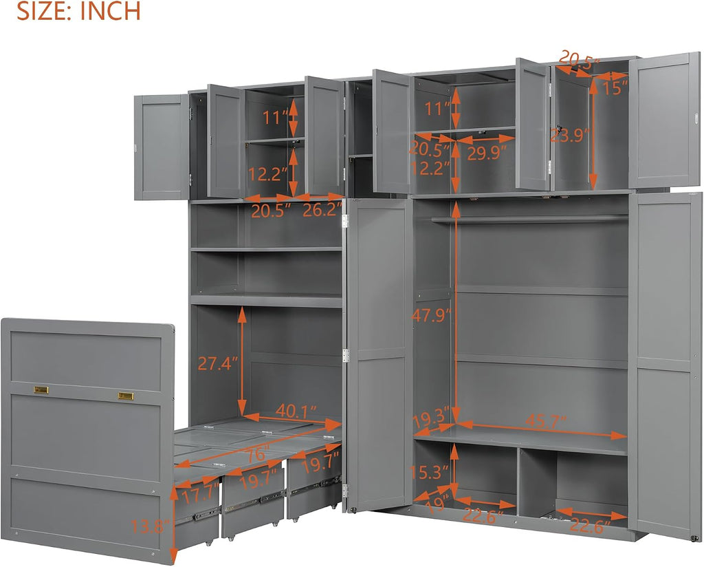 Twin Murphy Cabinet Bed with Wardrobe & 5‑Tier LED Display Shelf, Space-Saving Foldable Wall Bed with Storage Shelves