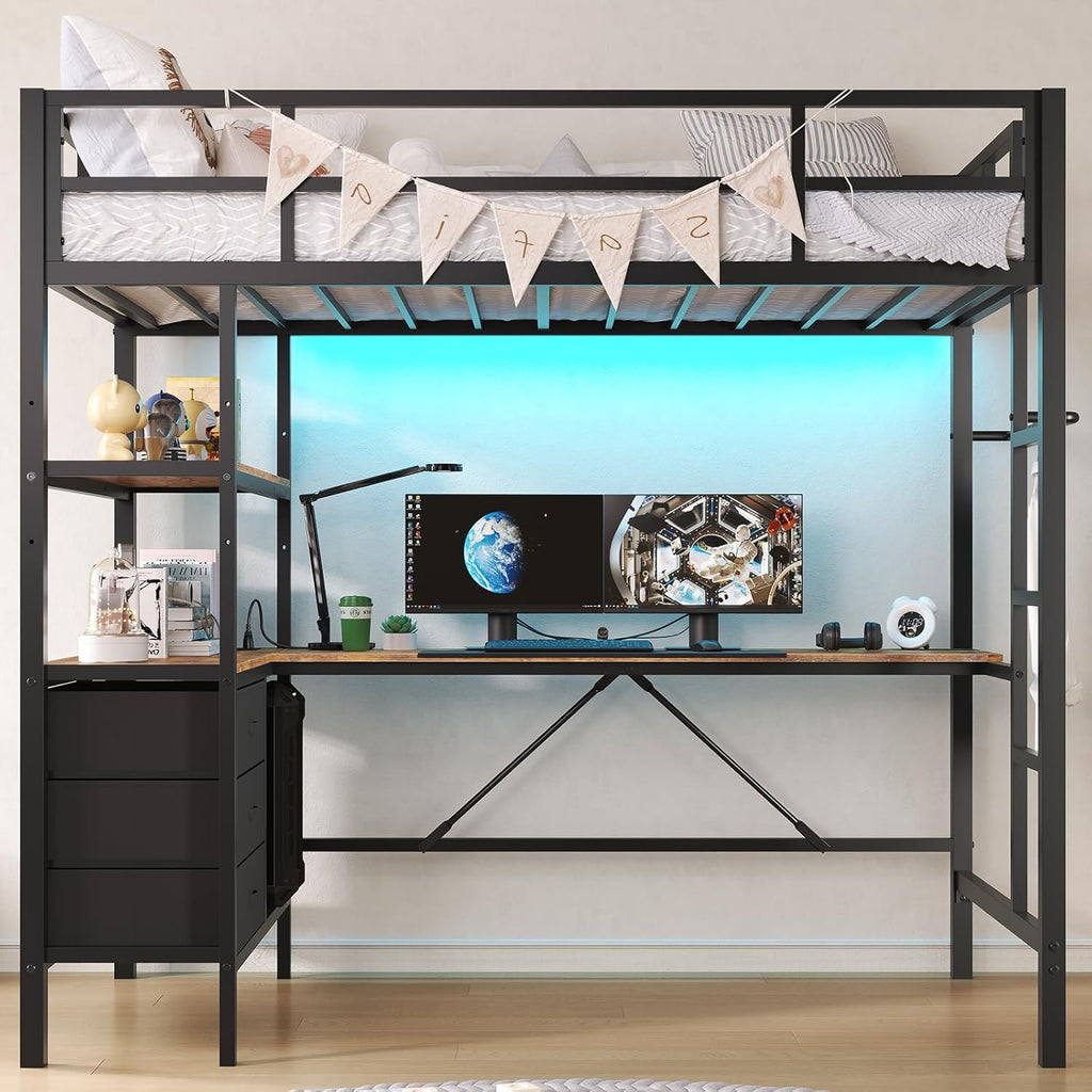 Twin Loft Bed with L-Shaped Desk, LED Lights,Charging Station LED Metal Kids Loft Bed Twin with 3 Storage Shelves and